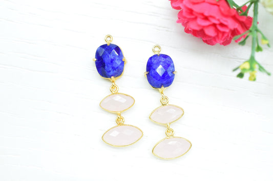 Blue Sapphire Bezel Charm Connector/Rose Quartz Pendant/Prong Bezel Jewelry/Connector/Station Bezel Link Pendant/Handmade jewelry/B'day Gift