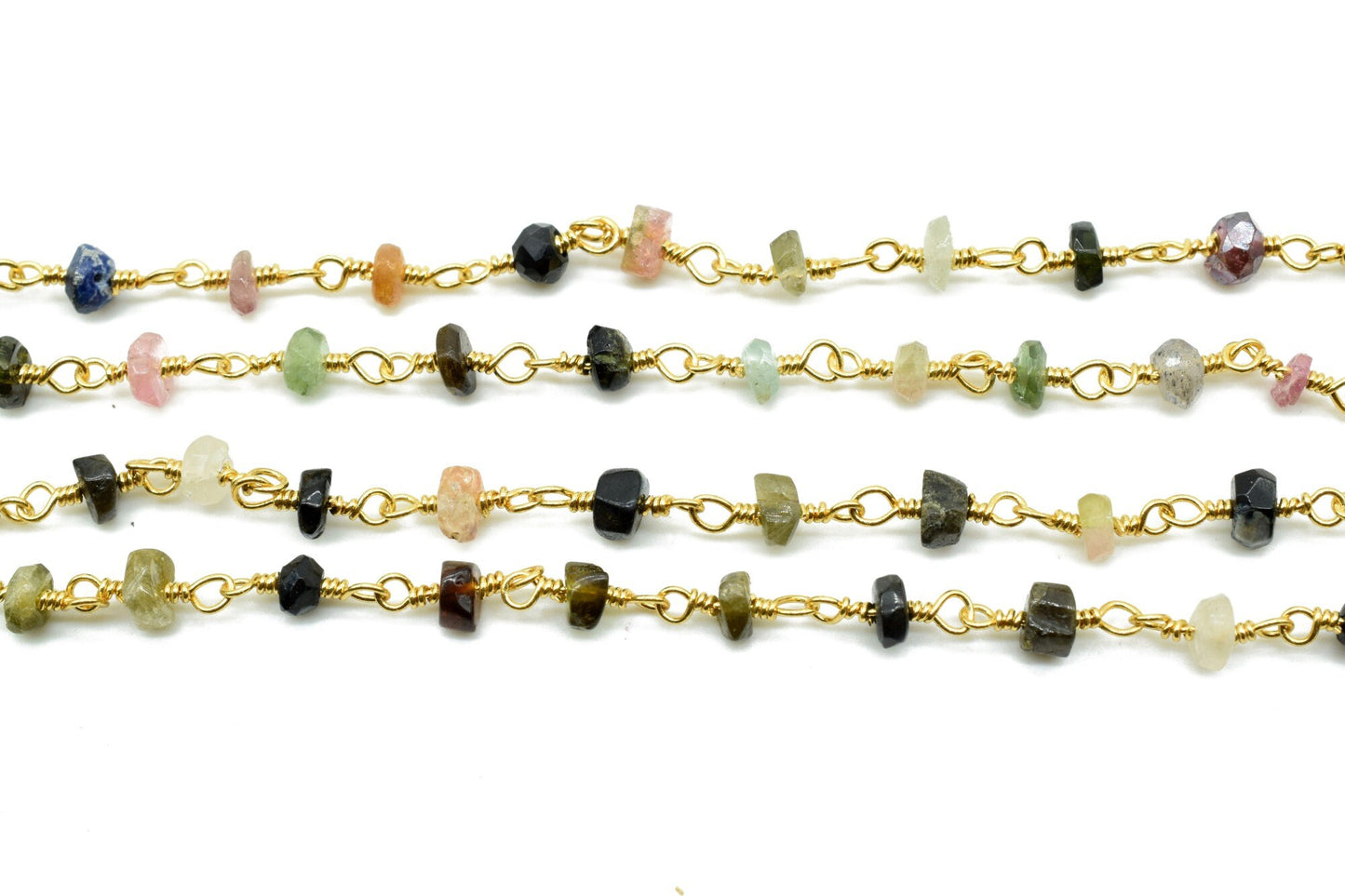 Multi Tourmaline Rosary Chain,Multi Tourmaline Wire Wrapped Rosary,3 to 3.5mm beaded chain,Natural Multi Tourmaline beaded Chain,gold chain