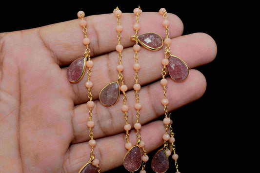 Multi Stone Chain,Pink Strawberry Faceted Bezel Chain,Strawberry Bezel Link Jewelry,Gemstone Connector Jewelry,Strawberry Jewelry Making