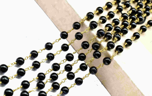 Black Agate Smooth Beads Rosary,black Agate Wire Wrapped Chain By Foot For Necklace,Black Agate 6mm round Shape Handmade Jewelry Making,Gift
