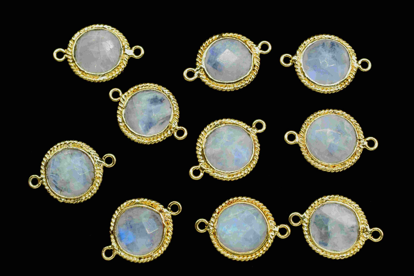 Rainbow Moonstone 10mm Round Shape Double Bail Connector,Moonstone Charms Pendant,Moonstone Gold Plated Bezel,Jewelry Making Charms Crafts