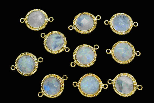 Rainbow Moonstone 10mm Round Shape Double Bail Connector,Moonstone Charms Pendant,Moonstone Gold Plated Bezel,Jewelry Making Charms Crafts