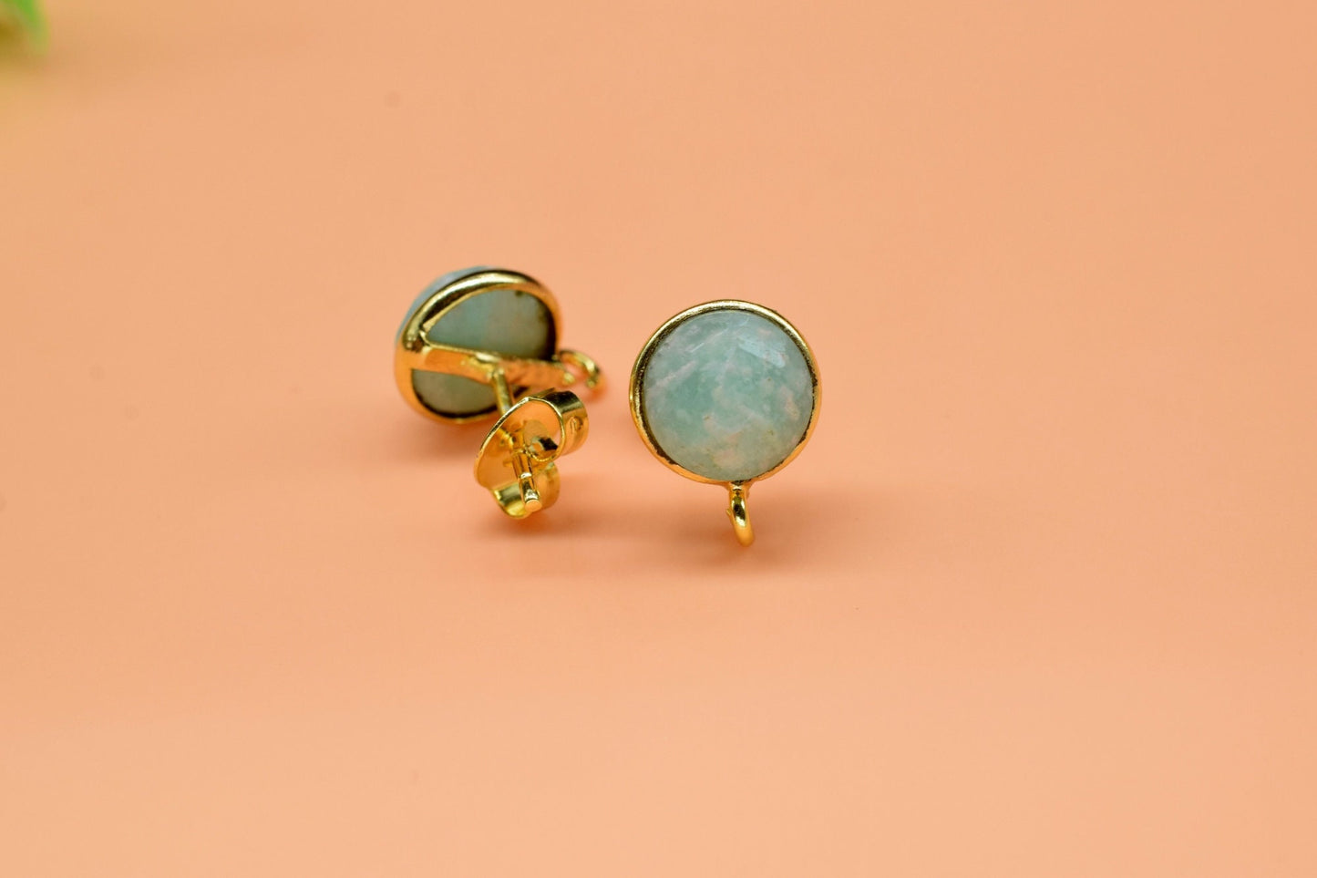 Amazonite 8mm Round Earring Connector,Gemstone Stud Ear Post,Earring Making Connector,Bezel frame Connector,Gemstone Connector,AmazoniteStud