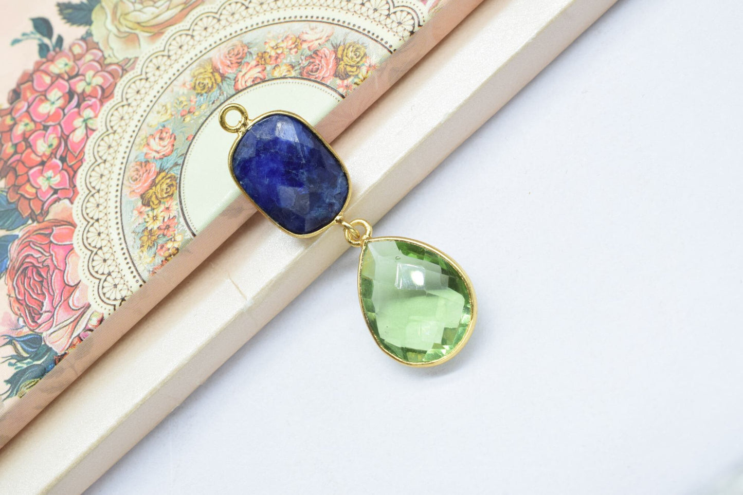 Multi Stone Pendant Charm,Station Bezel Link,Multi Shape Connector,Green Amethyst Jewelry,Blue Sapphire Earring Connector,Handmade Pendant