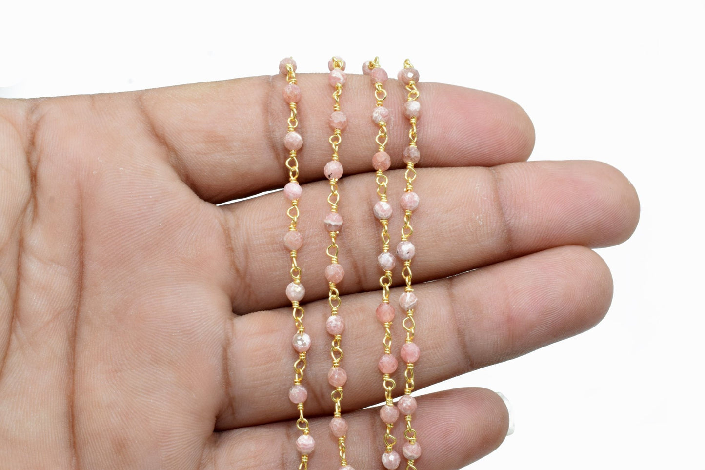 Rhodochrosite 3mm Beaded Chain,Gold Plated Wire Wrapped Rosary Chain,rhodochrosite beaded chain, stone links,antiqued gold finish rosary