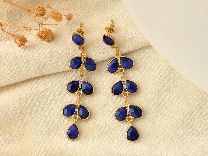 Natural Blue Sapphire Earring/Gold Plated Earring/Sapphire Dangle Earring/Bridal Earring/Handmade Jewelry/Bridesmaid Gifts,B'Gifts