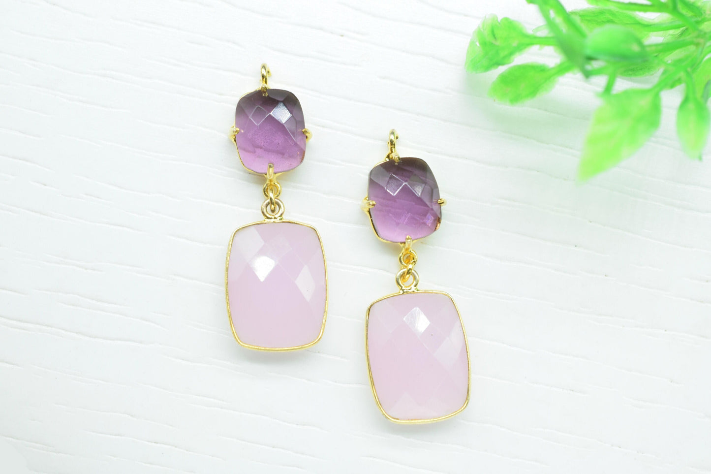 Amethyst Prong Setting Bezel Charm/Handmade jewelry/Rose Quartz Connector/Earring Connector/Multi Stone Pendant/Station Bezel Link/Gift