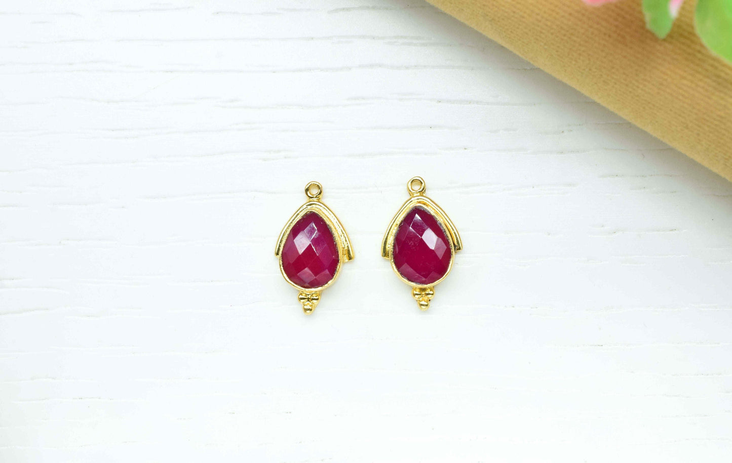 Pink Chalcedony Faceted 9x13mm Pear Bezel Connector,Chalcedony Single bail connector jewelry making charm,Chalcedony Gold Plated bezel