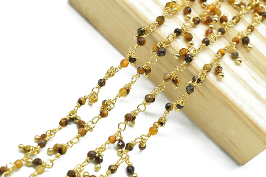 Tiger Eye 2mm Cluster Rosary Chain,Gemstone Chain,Wire Wrapped Necklace Chain,Tiger Eye Dangling Faceted Chain,Handmade Station Link Jewelry