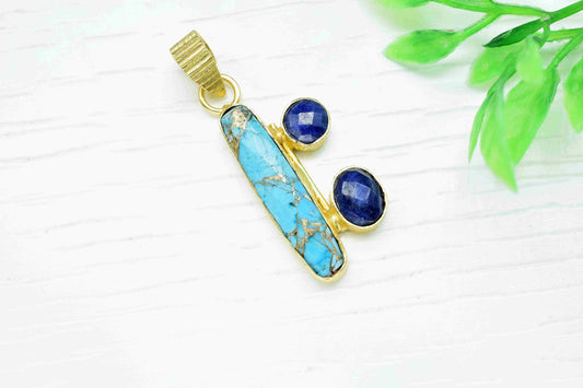 Copper Turquoise 6x25mm Rectangle Shape Pendant,Gemstone Pendant,Multi Gemstone Pendant,Single Bail Pendant,Sapphire Gemstone Pendant,Gift