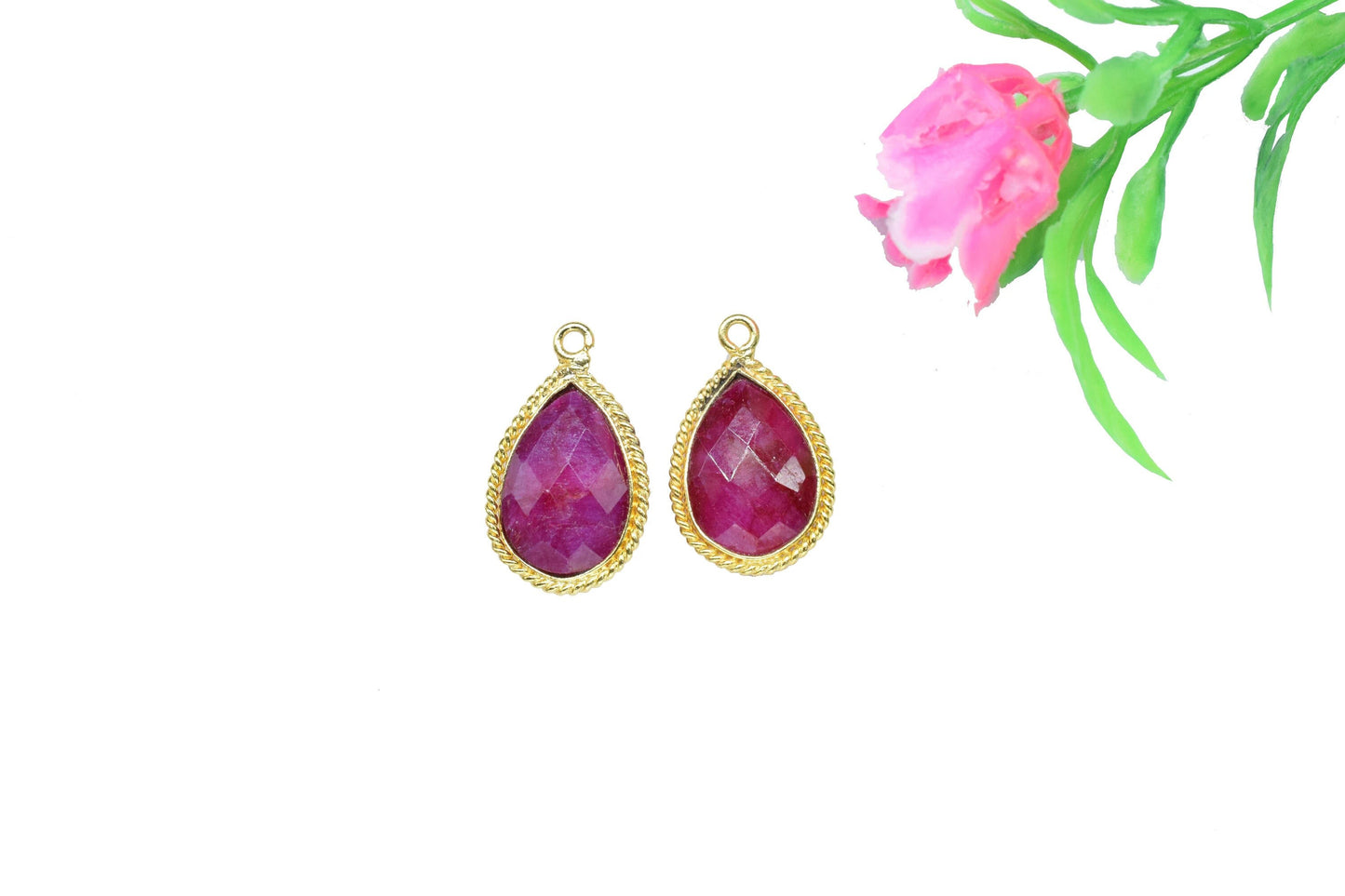 Ruby Gemstone 10x14mm Bezel charm,Ruby Connectors and Bezels,Ruby fancy pendant,Ruby Gold Plated Single Bail Handmade jewelry making charms