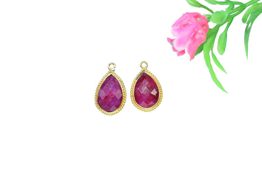 Ruby Gemstone 10x14mm Bezel charm,Ruby Connectors and Bezels,Ruby fancy pendant,Ruby Gold Plated Single Bail Handmade jewelry making charms
