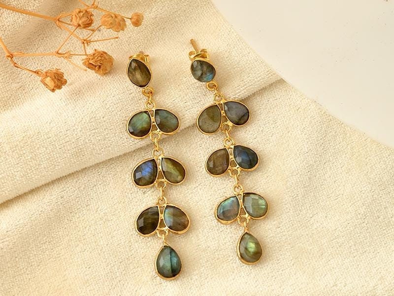 Natural Gemstone Labradorite Earring/Handmade Earring/Bridal Earring/Gold Plated Earring/Dangle Earring/Statement Earring/Long Earring/