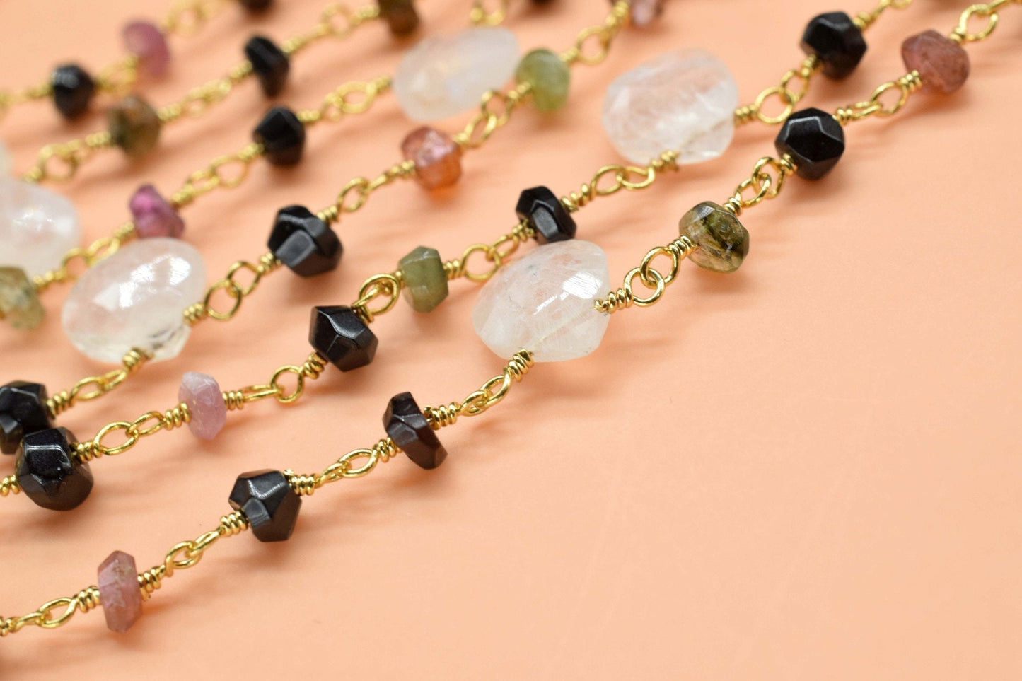 Pink Tourmaline 3mm Beaded & moonstone Heart shape Chain,Beaded Wire Wrapped Gemstone Beads,Faceted Rosary Chain,Gems Rosary Style,handmade