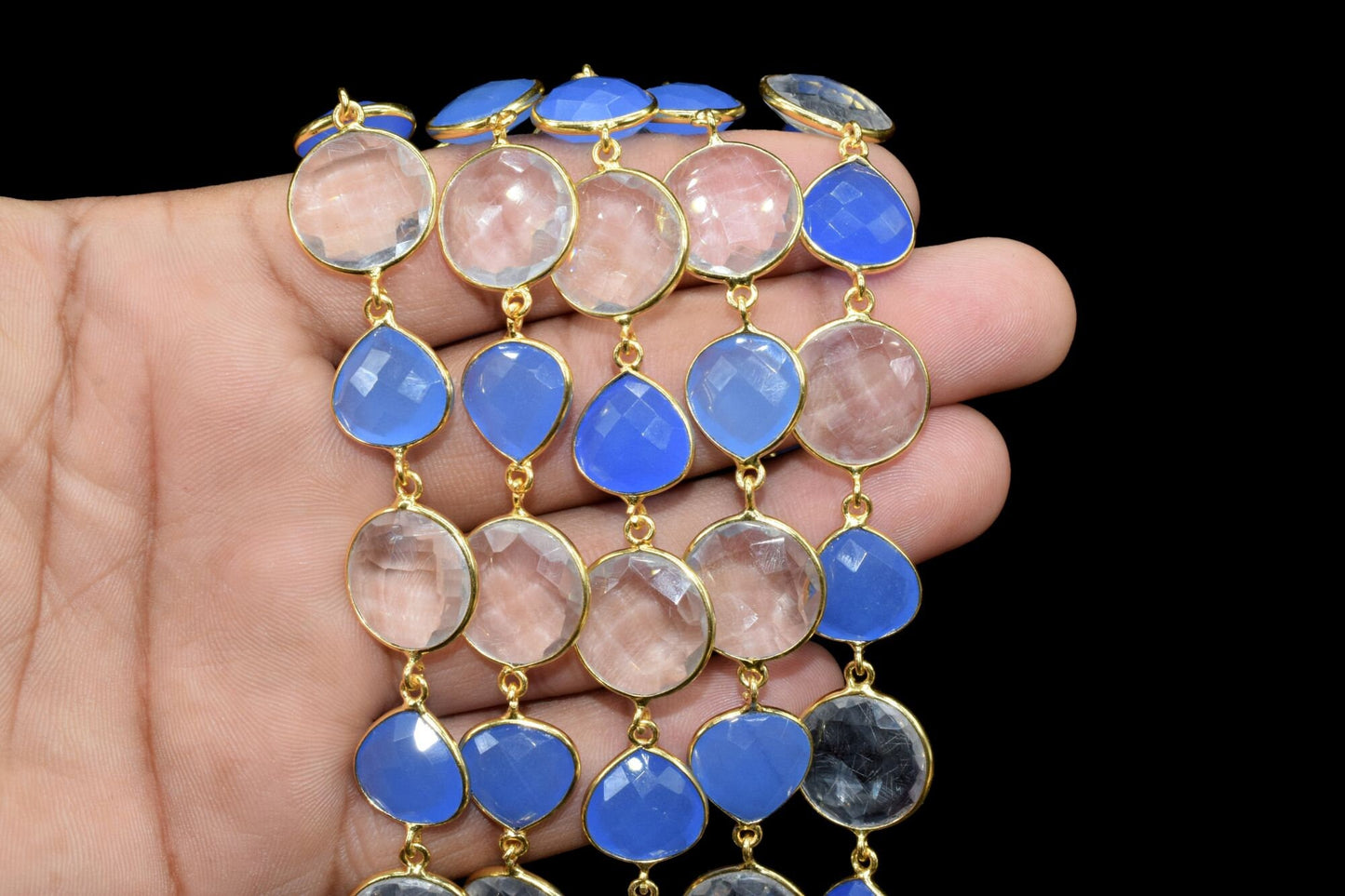 Blue chalcedony & Crystal Bezel Chain I Handmade Bezel Link Chain I Chalcedony Gold Plated Bezel Chain,,Gemstone Connector Chain Per Foot