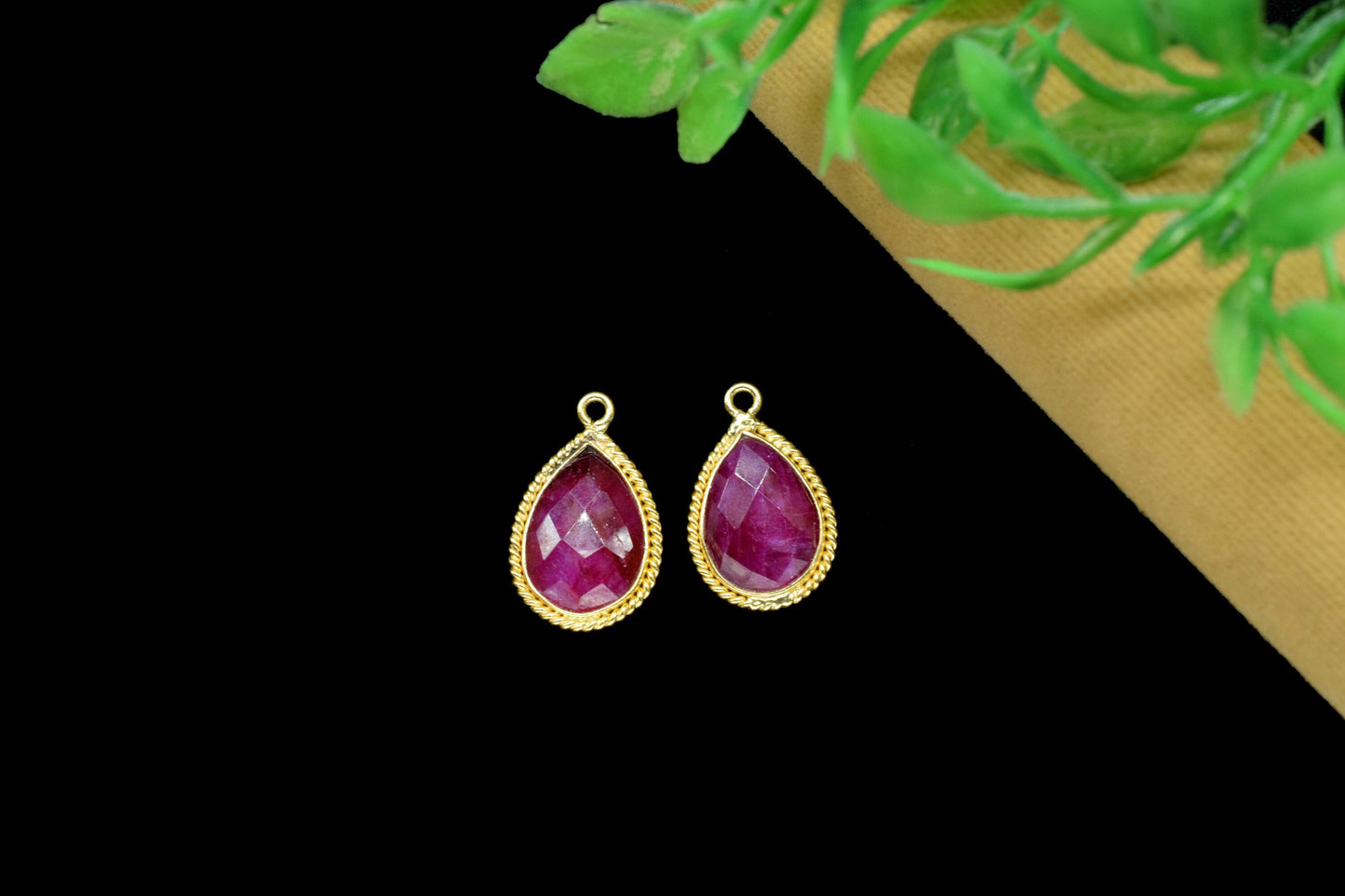 Ruby Gemstone 10x14mm Bezel charm,Ruby Connectors and Bezels,Ruby fancy pendant,Ruby Gold Plated Single Bail Handmade jewelry making charms