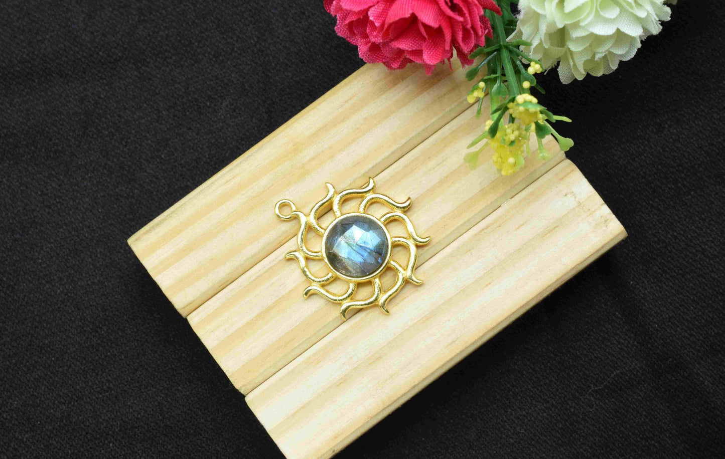 Labradorite Gemstone Component, Single Bail Charm , Labradorite  Connector Pendant , Gold Plated Connectors , Earring Component ,