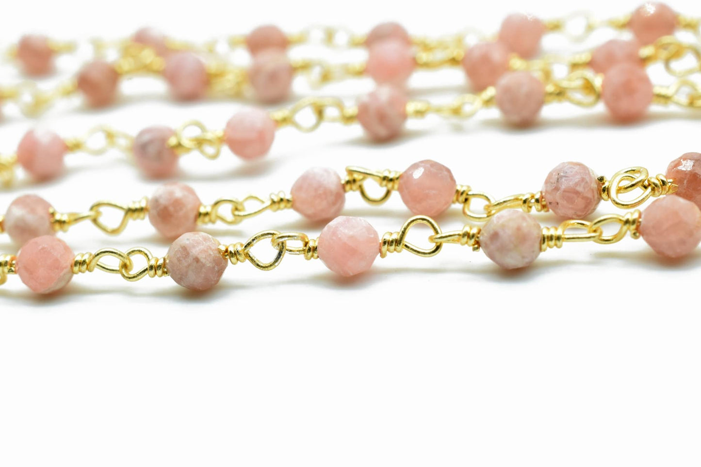 Rhodochrosite 3mm Beaded Chain,Gold Plated Wire Wrapped Rosary Chain,rhodochrosite beaded chain, stone links,antiqued gold finish rosary