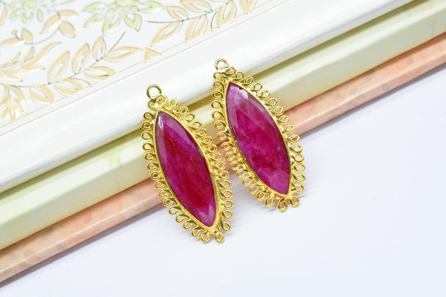 Natural Ruby 10x30mm Marquise Bezel Charm,Single Bail Pendant,Handmade Jewellery Connectors,long charm,Gemstone Brass Component,B'day Gift