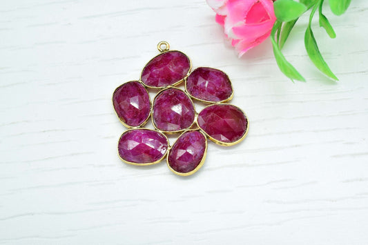 ruby pendant,Gemstone Floral Pendant,Handmade Designer Solid Pendant,Statement  pendant,Gemstone  gold plated pendant,handmade craft,july
