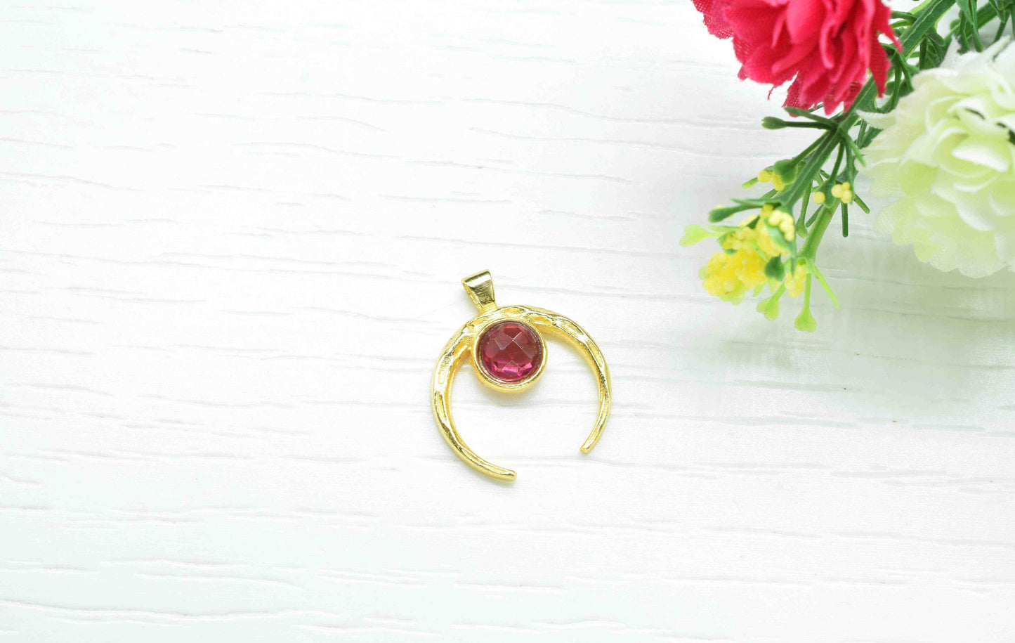 Pink Tourmaline Pendant , Single Bail Charm ,Pink Tourmaline Connector Pendant ,Gold Plated Connectors ,Single Bail Gemstone Connector Charm