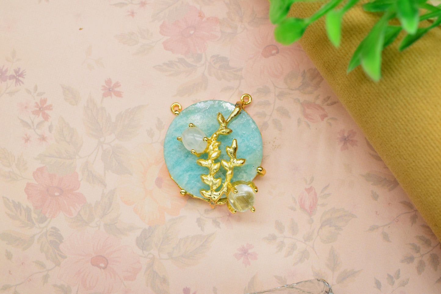 Amazonite Leaf Pendant Charm,Handmade Loop Pendant,Gemstone Statement Pendant,Multi Stone Pendant,Prong Set Pendant,Women Pendant Jewelry