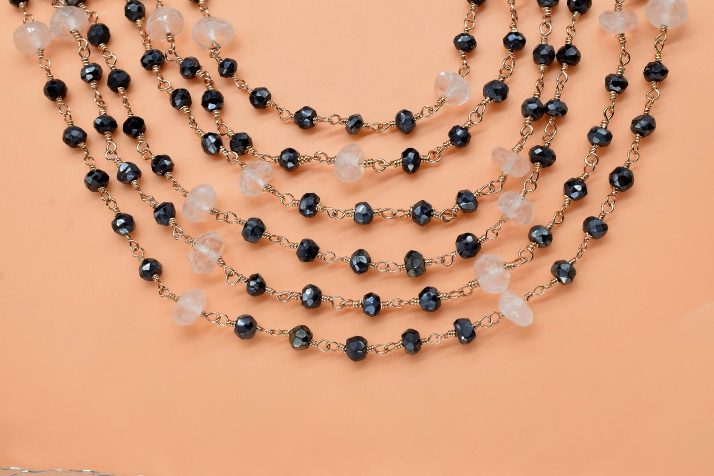 4 mm Black onyx  Rosary Chain,rose quartz Faceted Beaded Chain,Wire Wrapped gold Plated Chain,bigger size beaded ,rosary ,dual gemstone,boho