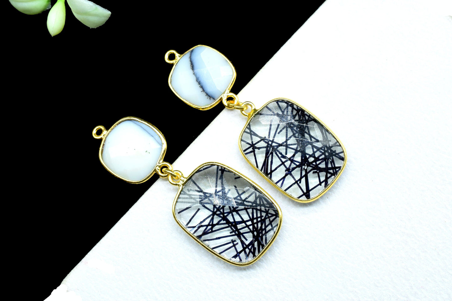 Dendrite Opal Dangle Component pendant,Multi Stone Dangle Earring,Square Shape Pendant,Black Rutile pendant Charm,Gemstone Bezel Connector