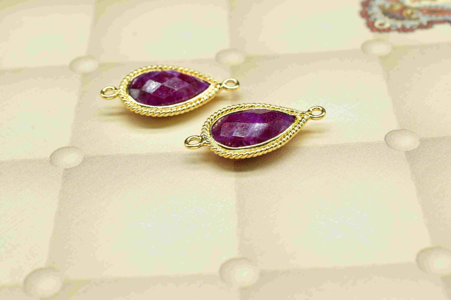 Ruby 9x13mm Teardrop Shape Connector,Gold Plated Link Connectors,Ruby Bezel Charms Connectors,Handmade Connector Jewelry,Ruby Charms Jewelry