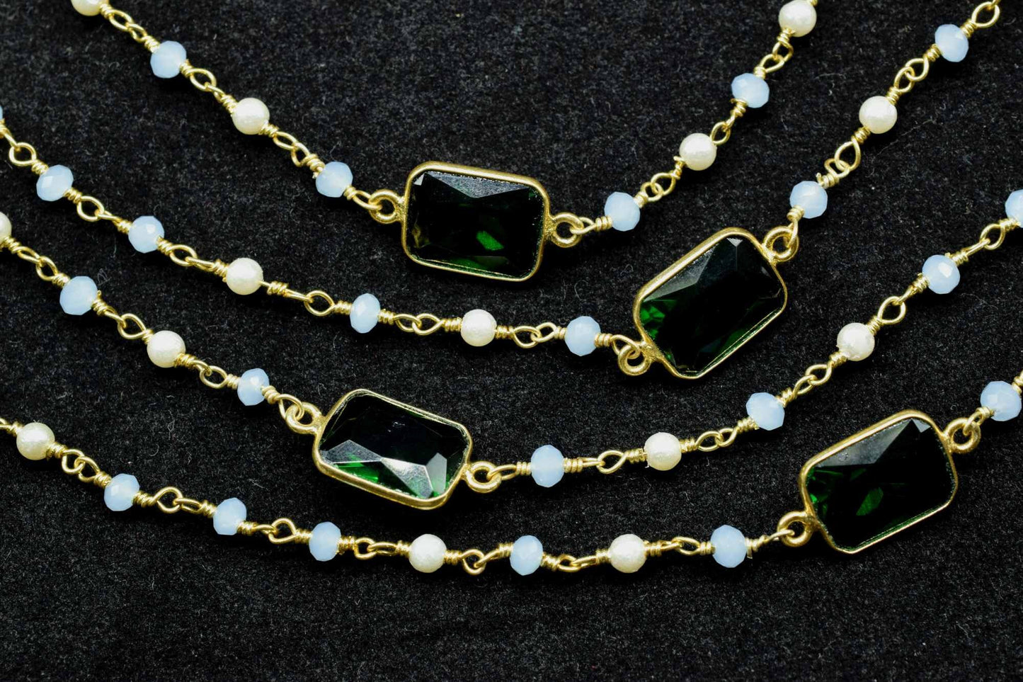 Blue Chalcedony Rosary,Emerald Quartz Bezel Link Chain,Pearl Beaded Rosary Chain,Gemstone Bezel Chain,Gold Plated Rosary Chain,Beaded Chain