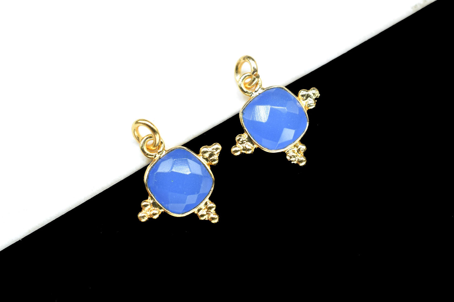 Blue Chalcedony 8mm Cushion Bezel charm/Station Bezel Link Supplies/Blue Jewelry Making/Square Pendant/Gemstone Connector Pendant,B'day Gift