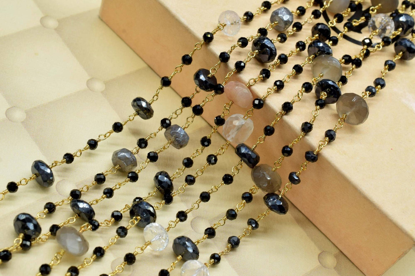 4 mm Black onyx  Rosary Chain,multi moonstone Faceted Beaded Chain,Wire Wrapped gold Plated Chain,bigger size beaded ,rosary ,dual gemstone,