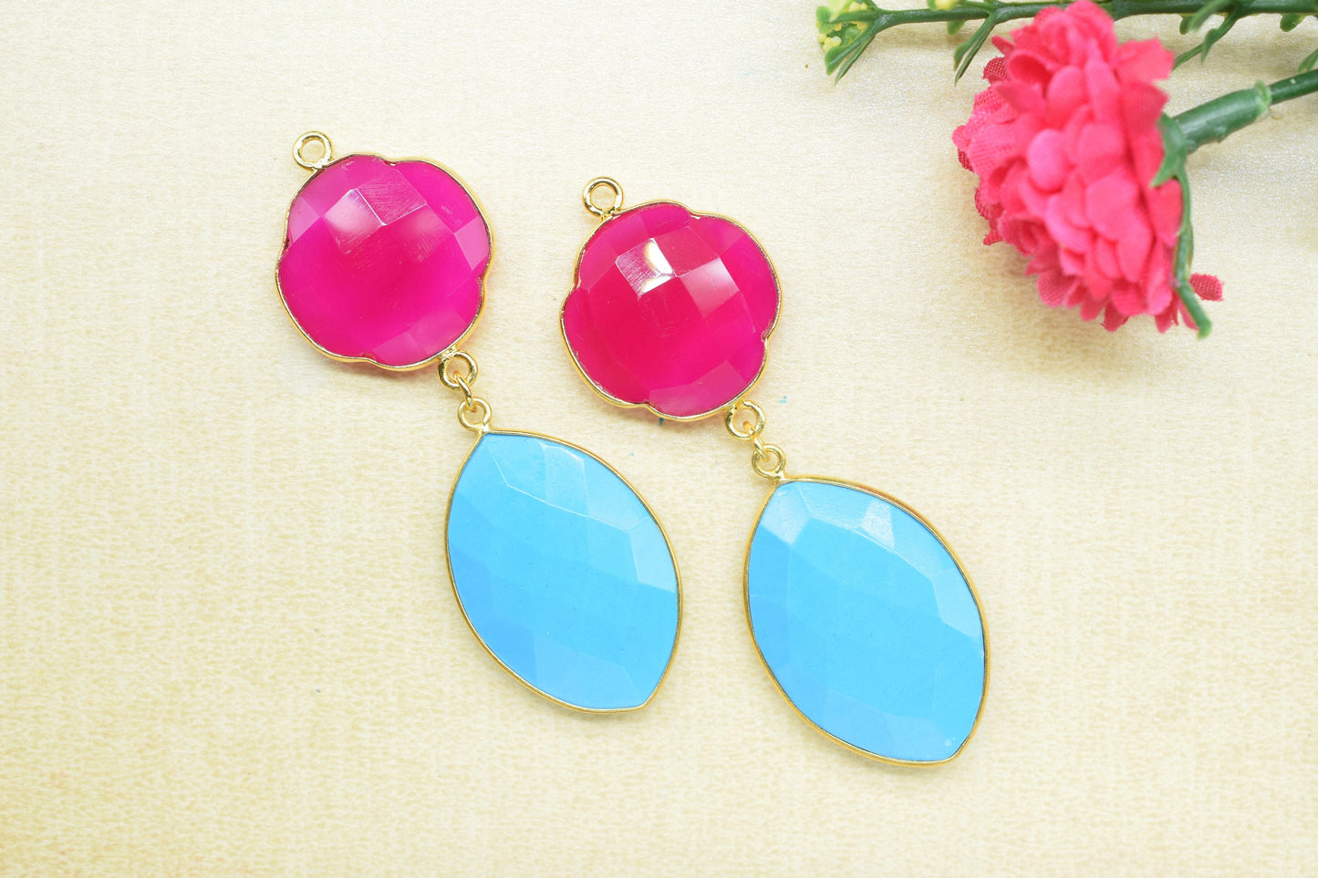 Pink Chalcedony Bezel Charms Connector/Turquoise Connector Jewelry/Earring Connector/Station Bezel Link Pendant/Handmade Jewelry/B'day Gift