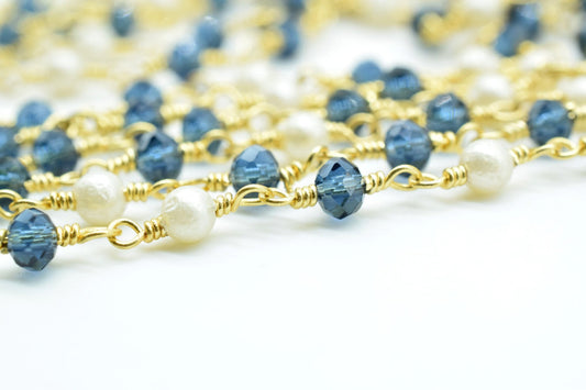 London Blue Topaz Beaded Rosary Chain,Pearl Beaded Rosary Chain,jewelry making Chain,Gemstone Rosary,wire wrapped rosary,3mm Beaded rosary