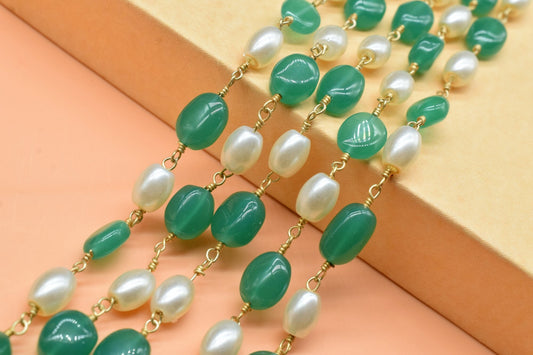 Bulk Chain, Pearl, Green Onyx Hydro Beads Rosary Chain, Gold Plating Wrapped Rosary Chain, Oval Gemstone rosary Chain, Pearl Beads Chain,