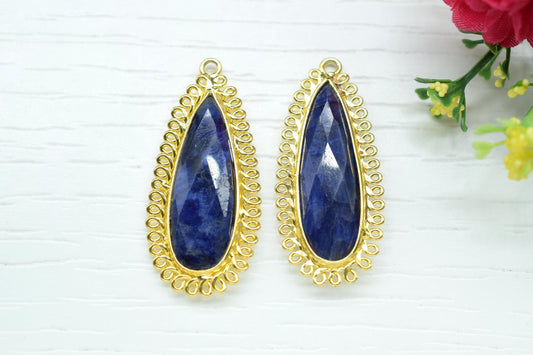 Blue Sapphire 10x30mm Teardrop Bezel Charm,Single Bail Pendant,Handmade Jewellery Connectors,Gemstone Brass Component,Handmade Connector,