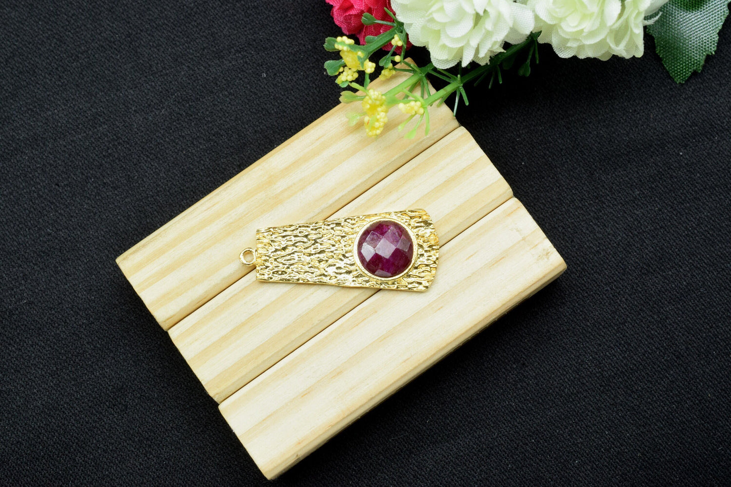 Ruby  Pendant , Ruby Gemstone Handmade Pendant , Bulk Gemstone Pendant , Gold Plated Connectors ,Single Bail Gemstone Connector Charm