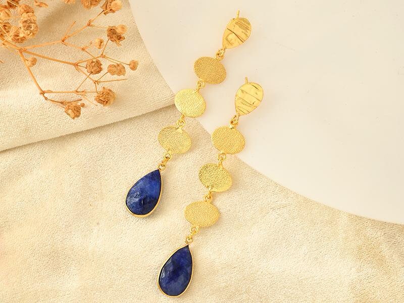 Blue Sapphire Dangle Earring/Gold Plated Earring/Sapphire Gold Plated Earring/Wedding Jewelry/Texture Gold Plated Earring/Long Earring/Gift