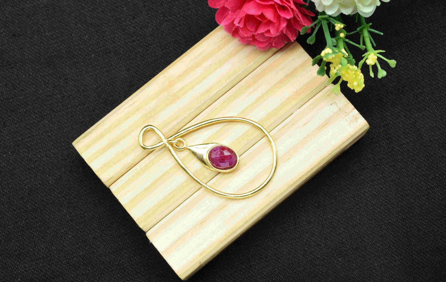 Ruby  Component , Single Bail Charm , Ruby Connector Pendant , Gold Plated Connectors , Earring Component , B'day Gift