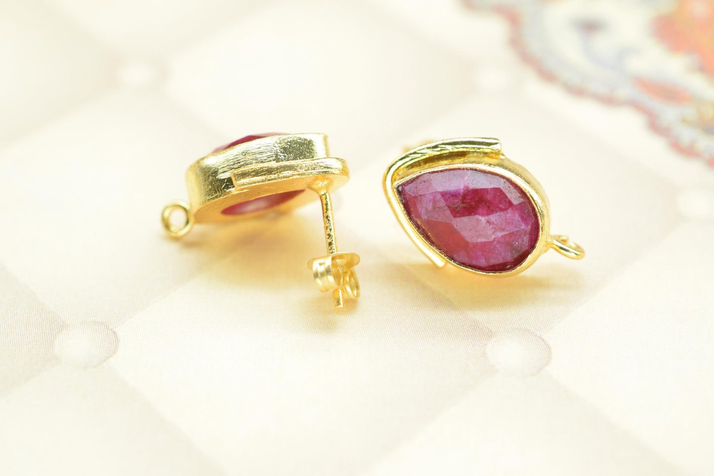 Ruby Studs Connector/Gold Plated Earring/Handmade Studs/Bezel Set Studs/Teardrop Earring/Women Jewelry/Connector Studs/B'day Gift