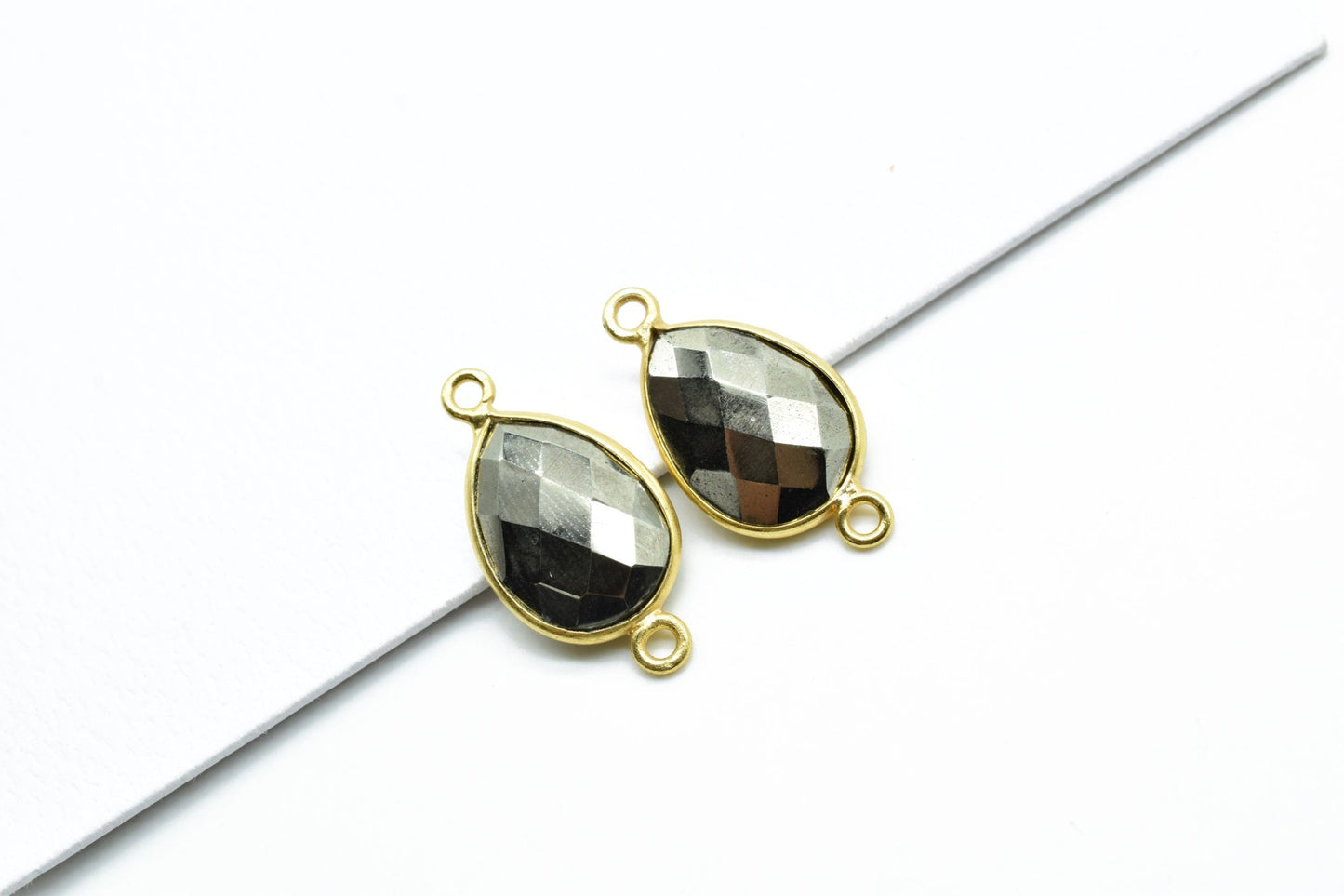 Natural Pyrite 10x14mm Pear Double bail connectors,Pyrite gold connectors,Pyrite Double bail Gold Plated bezel, Pyrite jewelry making charms
