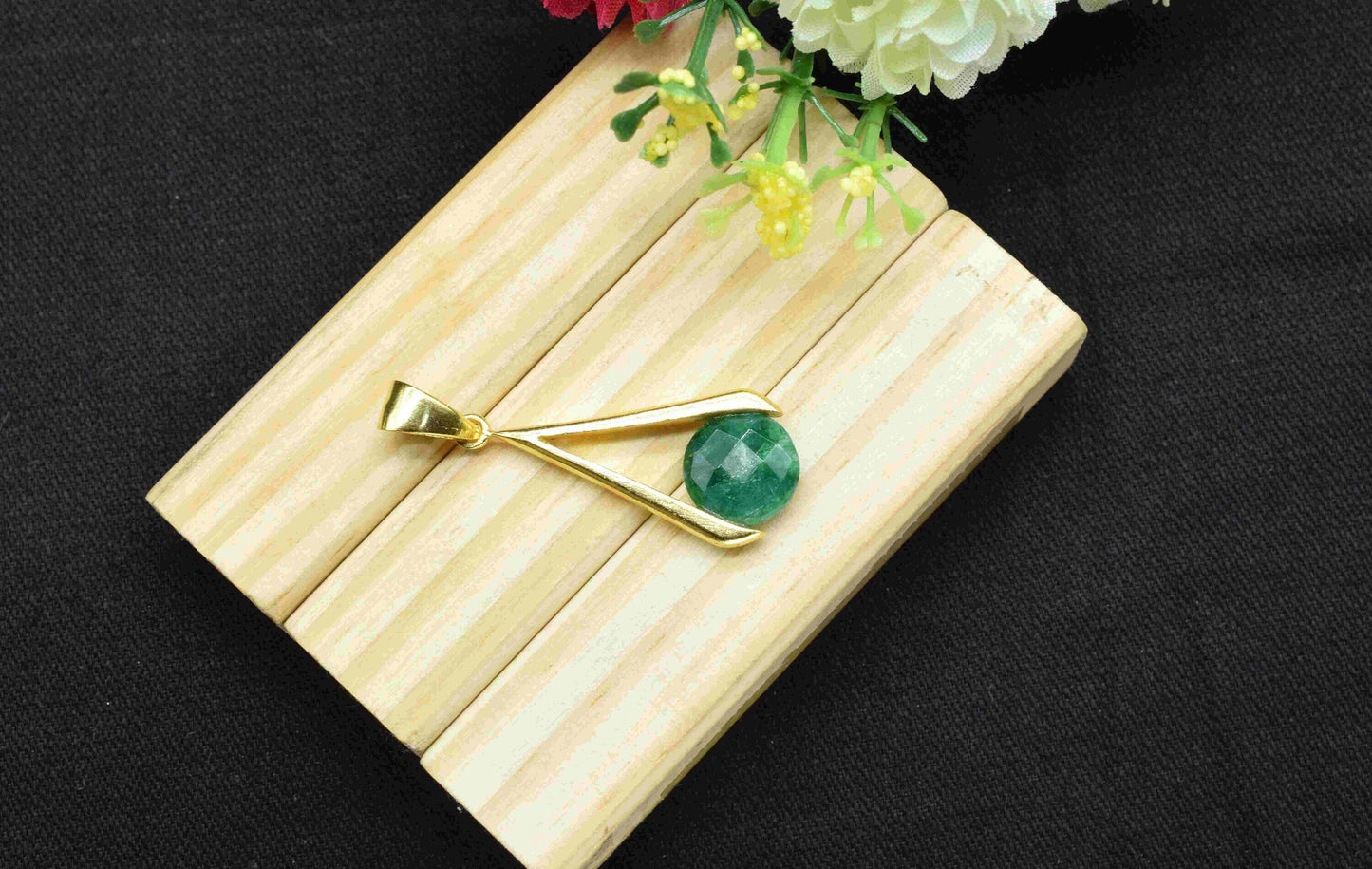 Emerald Component , Single Bail Charm ,Emerald  Connector Pendant , Gold Plated Connectors , Single Bail Checker Cut Gemstone Connector