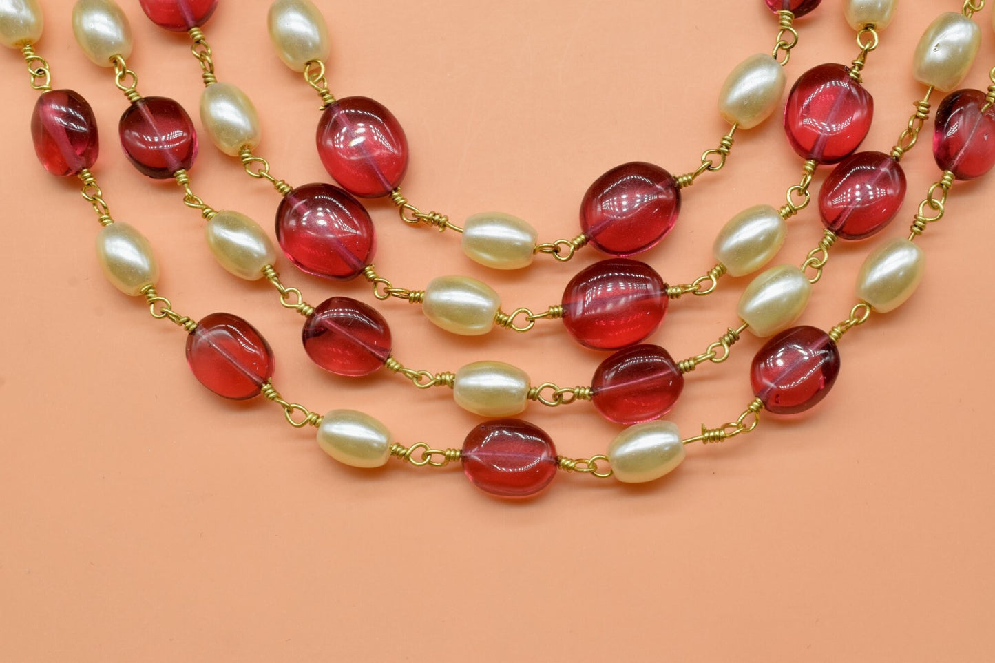 Pink Tourmaline & Pearl Gemstone Gold Chain,Oval Shape Gemstone Beads Rosary Chain,Gold Plated Pink Tourmaline - Pearl Gemstone Rosary Chain