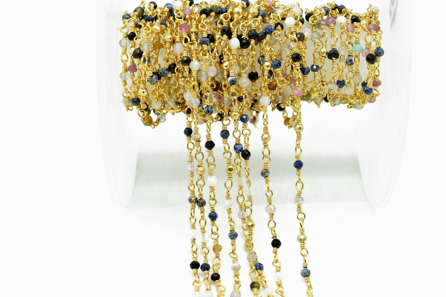 Multi Stones 2mm Beaded Chain,Multi Stones Rosary Chains,Gold Plating Wire Wrap Chain,Brass chain,Jewelry Making Chain,Multi Stones chains,