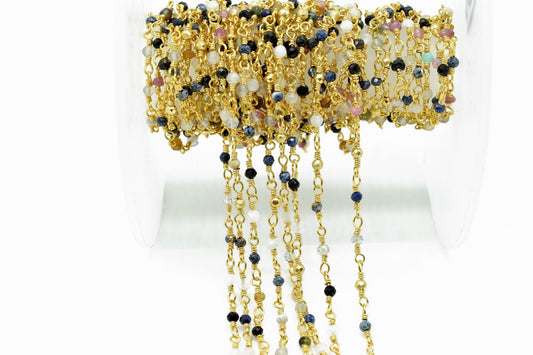 Multi Stones 2mm Beaded Chain,Multi Stones Rosary Chains,Gold Plating Wire Wrap Chain,Brass chain,Jewelry Making Chain,Multi Stones chains,