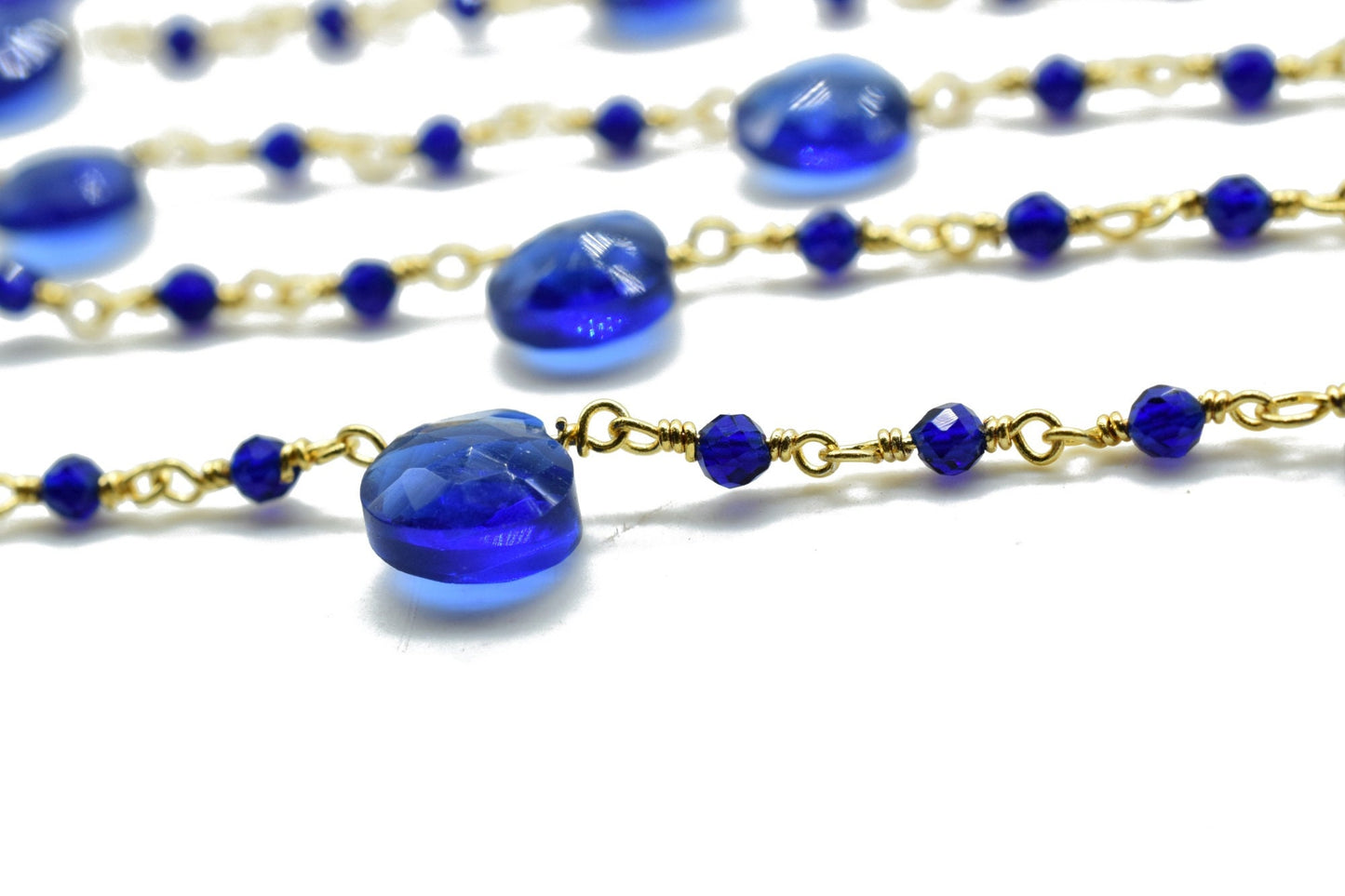 Blue Sapphire 2mm Beaded & Heart shape Chain,Wrapped Rosary Chain,Sapphire Briolette rosary chain,Brass Gold Plated Sold Per Foot Wholesale