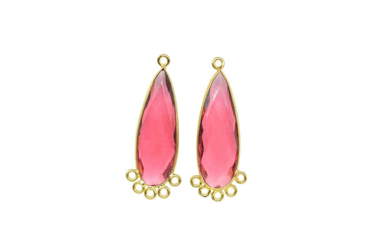 Pink Tourmaline 10x30mm Teardrop Bezel Charm/Charms Connector/Handmade Jewellery Connectors/Gemstone Brass Component/Women Jewelry/Gift