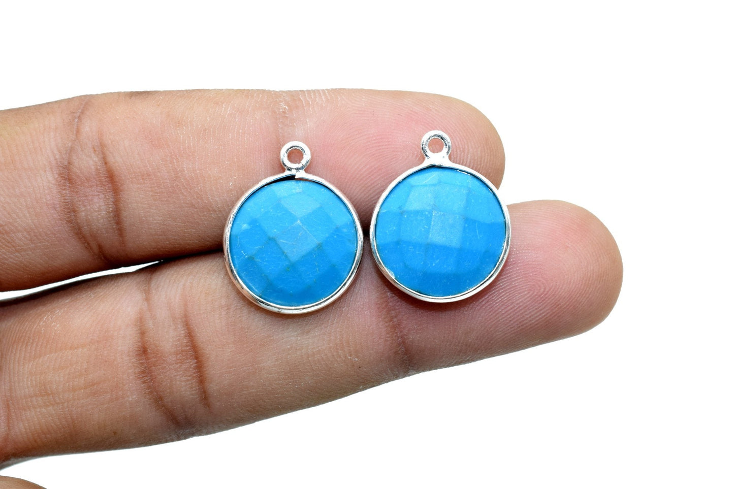 Natural Turquoise 14mm Round Single bail connectors,Turquoise Pendant,Faceted Turquoise bezel link,Gemstone Charm,Gemstone Pendant, charms