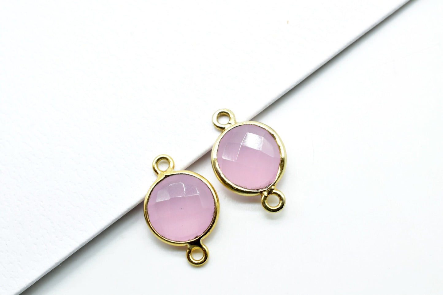 Pink Chalcedony 10mm Round double bail connectors,Pink Chalcedony Gold Plated Gemstone Bezel Connector,Pink chalcedony Double Loop connector