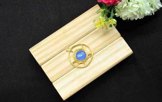 Blue Chalcedony Gemstone Component , Single Bail Charm , Blue Chalcedony Connector Pendant , Gold Plated Connectors , Earring Component